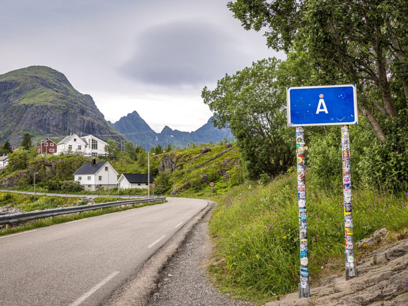 Road sign to the village of Å, Moskenesoya, Lofoten Islands, Nordland, Norway