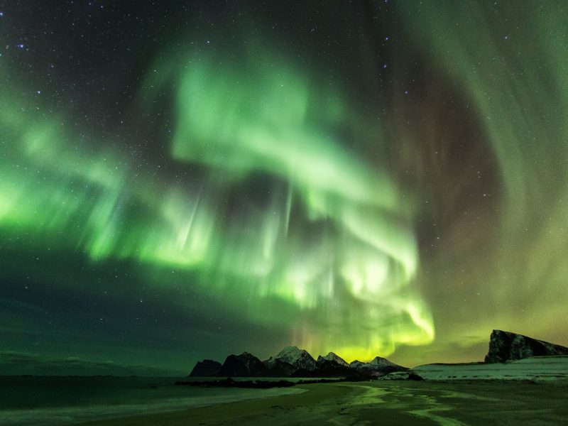 Amazin landscape of northen lights in background at Lofoten, Norway