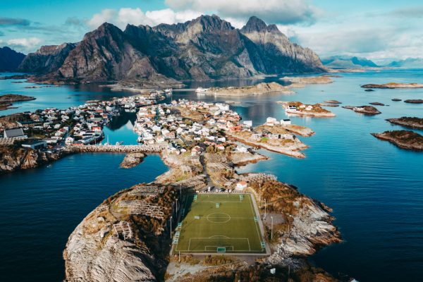 Aerial view of Henningsvær Football Soccer Stadium