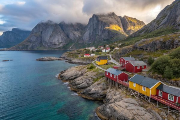 Breathtaking Drone Photography of Nusfjord in Lofoten, Norway - Stunning Landscapes, Dramatic Fjords, and Traditional Fishing Villages